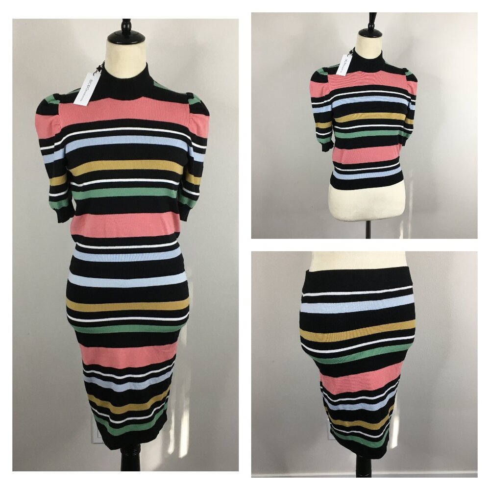 NWT BCBGENERATION Multi-Color Striped Knit Mock Neck Sweater & Skirt Co-Ords Set